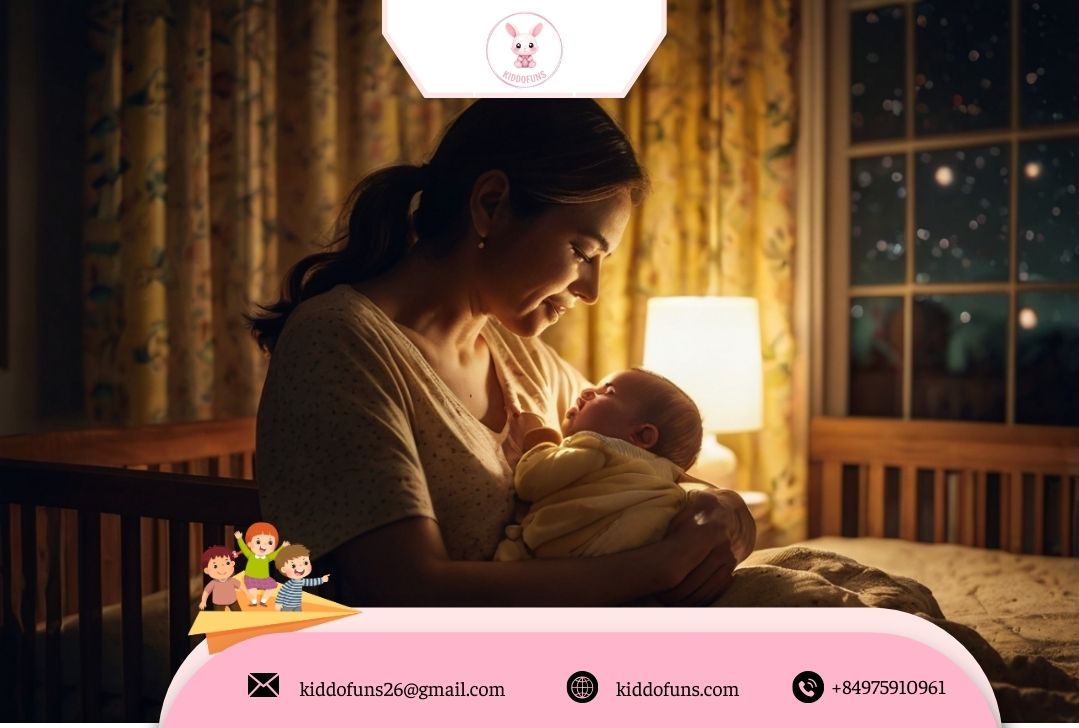 Mẹ chăm sóc trẻ sơ sinh dưới ánh đèn ngủ dịu nhẹ