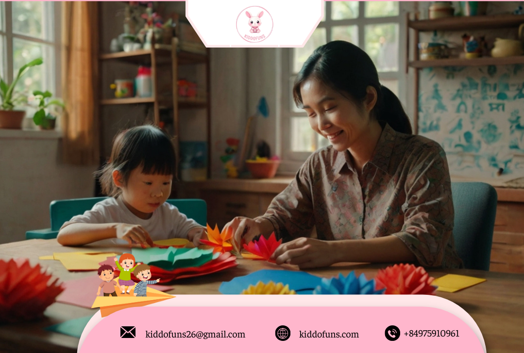 Gia đình Việt Nam cùng nhau làm đồ chơi bằng giấy tại nhà, sử dụng giấy màu và kéo trong ánh sáng tự nhiên.