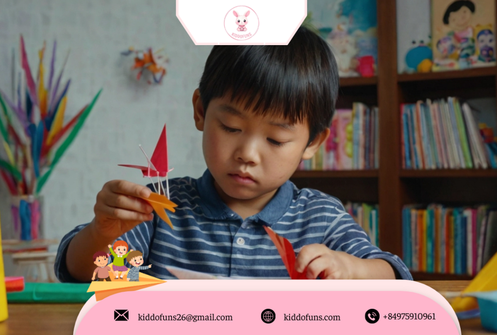 Trẻ em Việt Nam gấp hạc giấy với sự hỗ trợ từ cha mẹ, bàn đầy giấy màu và dụng cụ thủ công.