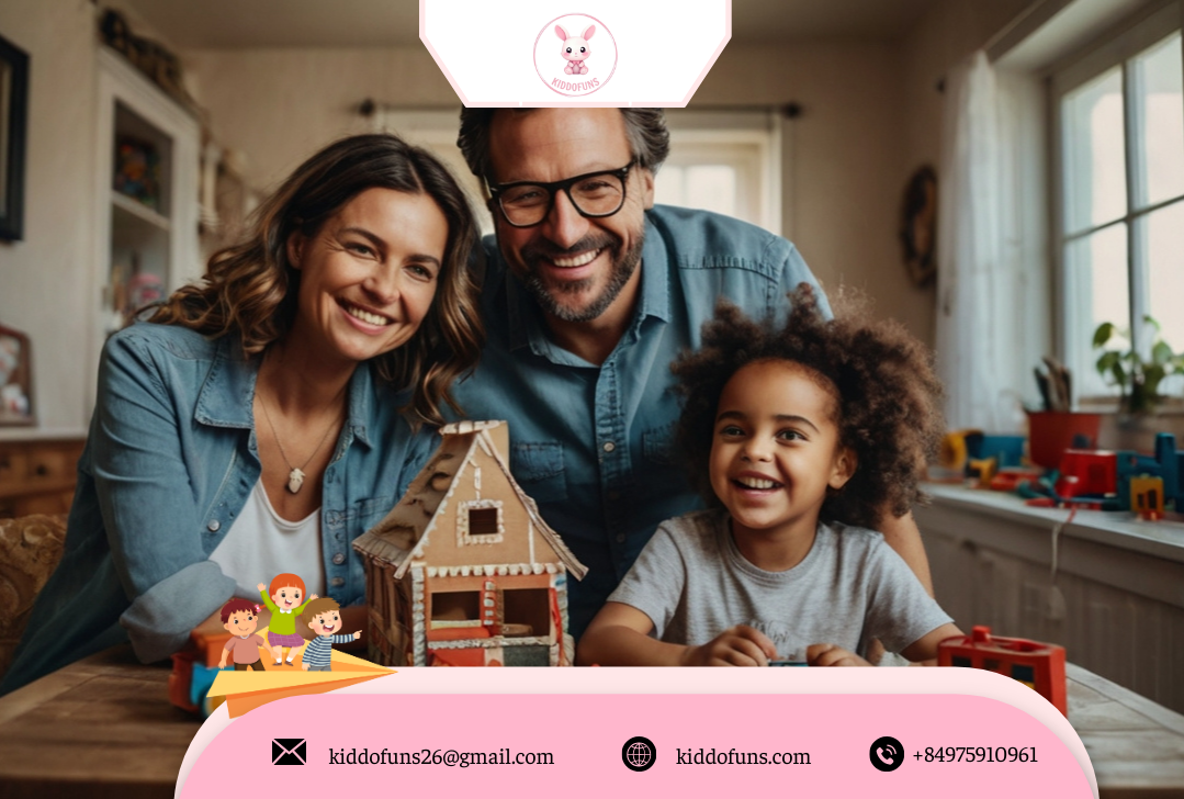 Gia đình vui vẻ chơi với đồ chơi tự làm tại nhà