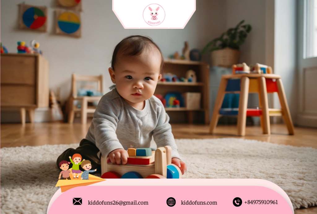Bé 1 tuổi chơi đồ chơi giáo dục bằng gỗ