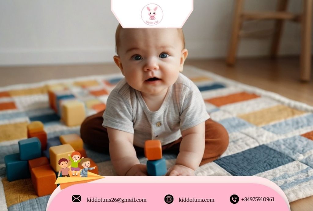 Em bé chơi đồ chơi giáo dục Montessori – em bé 6 tháng tuổi nằm chơi với lục lạc Montessori và khối vải mềm.