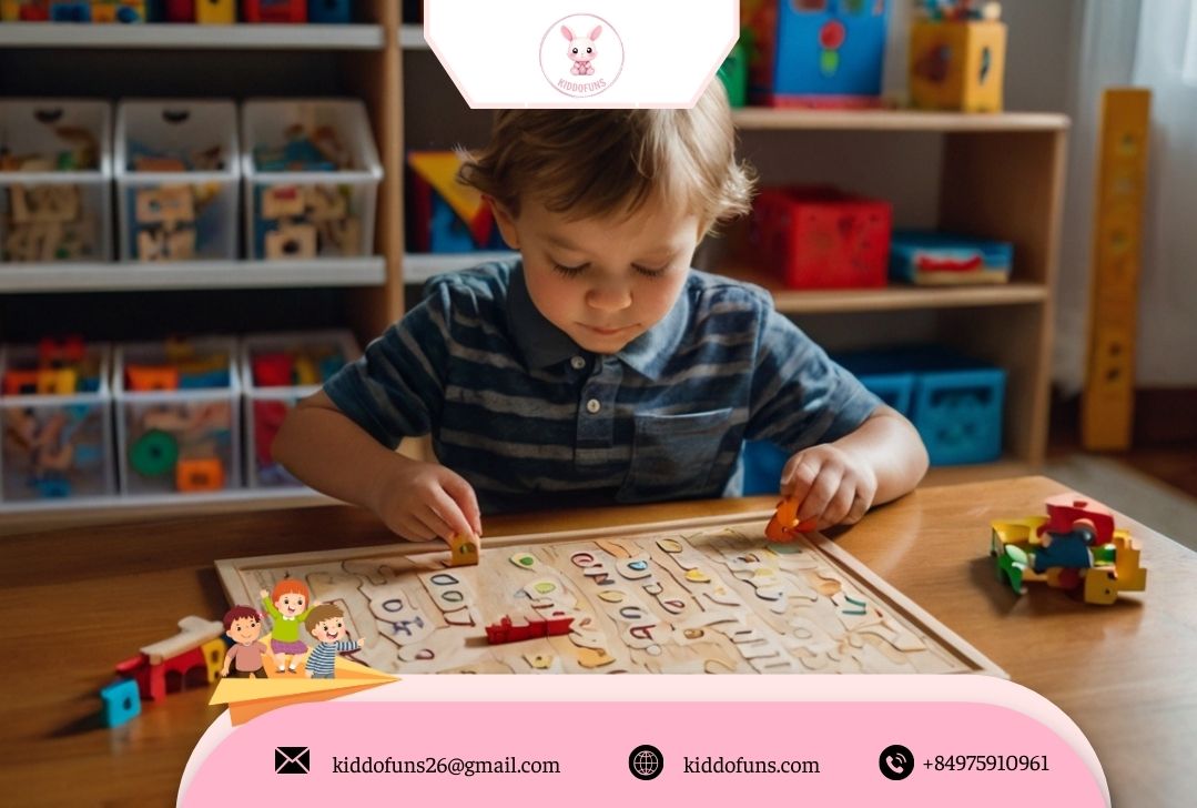 Trẻ 4 tuổi chơi đồ chơi giáo dục Montessori – bé đang xếp chữ cái nam châm và bộ bản đồ Việt Nam bằng gỗ. 