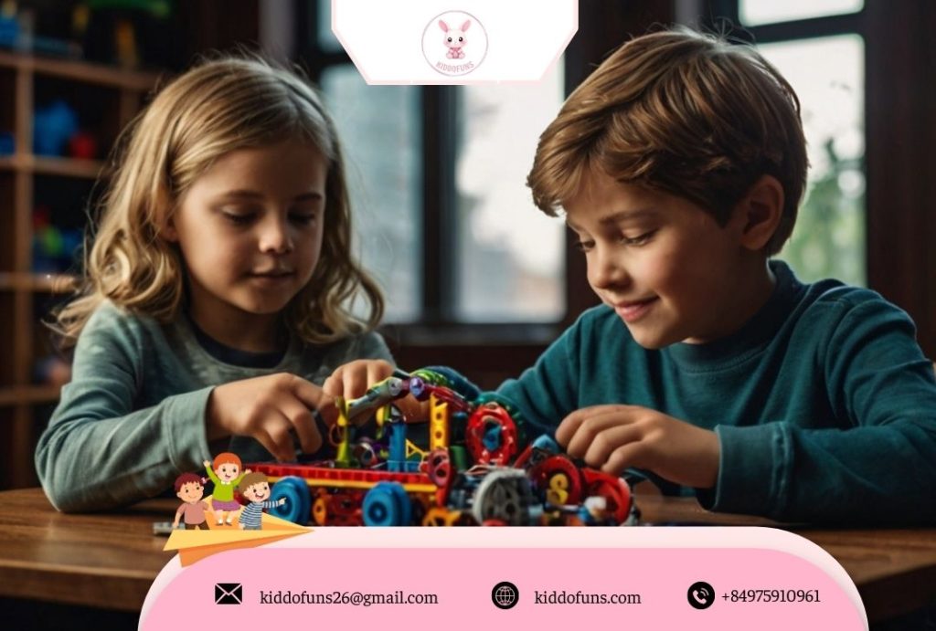 Trẻ chơi với đồ chơi giáo dục STEM gồm bánh răng, bảng mạch và khối xếp hình