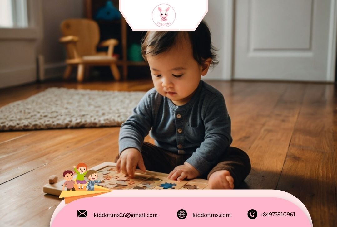 Trẻ 2 tuổi chơi đồ chơi giáo dục Montessori – bé đang ngồi chơi với trò phân loại gỗ và ghép hình đơn giản. 