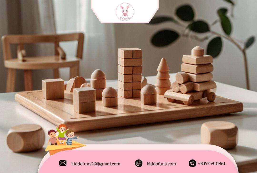 Đồ chơi giáo dục Montessori bằng gỗ – bộ đồ chơi Montessori bằng gỗ đặt trên bàn, gồm bảng cảm giác và khối xếp. 