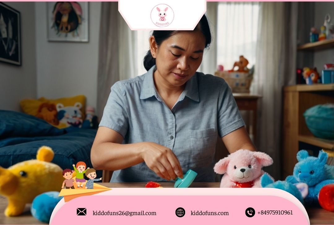 Mẹ đang vệ sinh các bộ phận của đồ treo nôi có nhạc