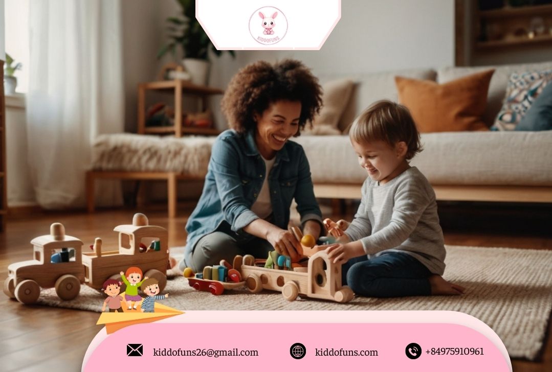 Trẻ chơi đồ chơi giáo dục Montessori cùng bố mẹ – ảnh gia đình cùng con chơi đồ chơi Montessori bằng gỗ trong không gian ấm áp. 