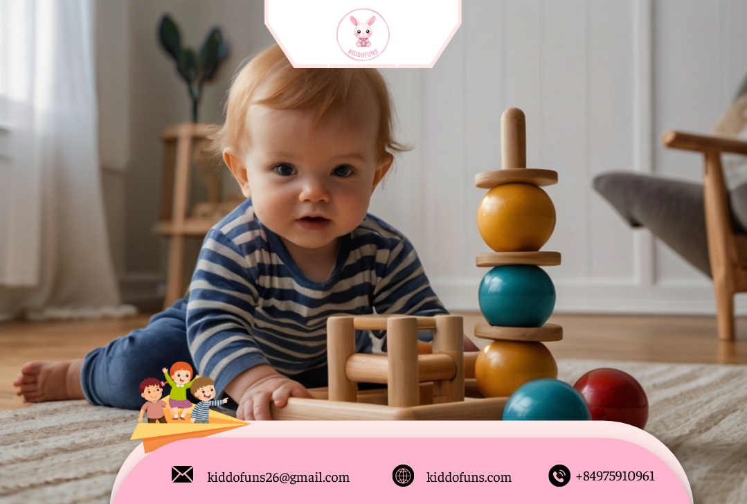 Bé chơi tháp lăn banh bằng gỗ đồ chơi giáo dục 