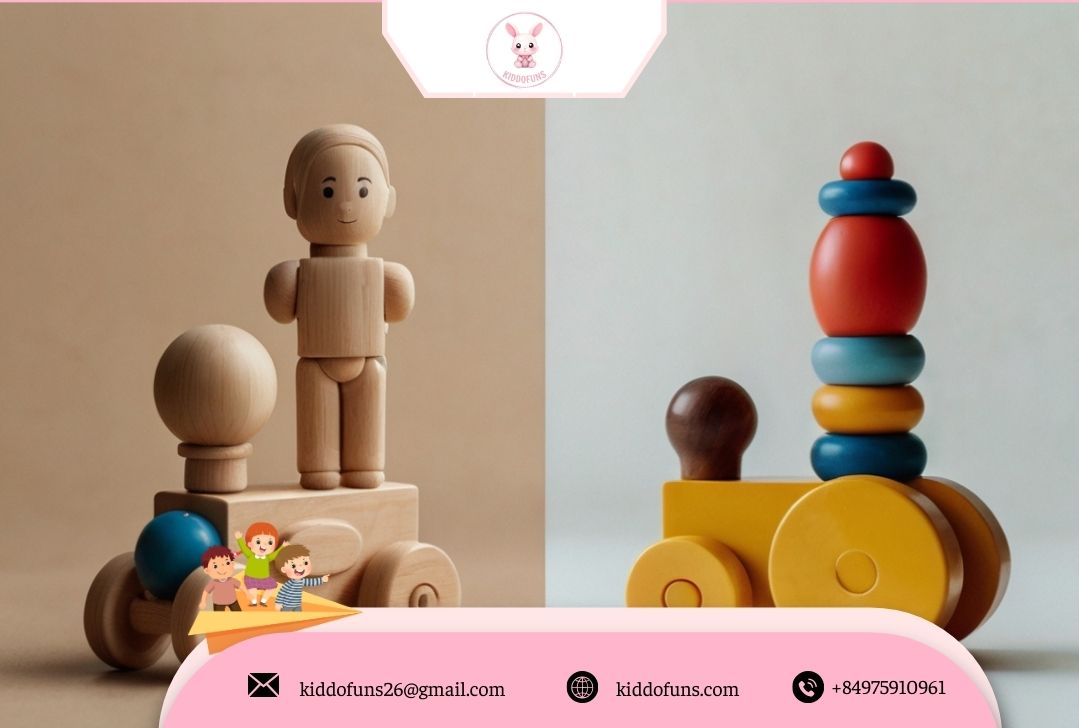 So sánh đồ chơi giáo dục Montessori và đồ chơi thường – ảnh minh họa sự khác nhau giữa đồ chơi Montessori bằng gỗ và đồ chơi nhựa. 